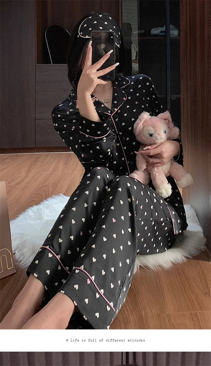 Summer Print Fashion Women Pajama Set Sweet Lace Cuff Trousers Long Sleeve Suit Pyjamas Home clothing Women's casual clothes 2