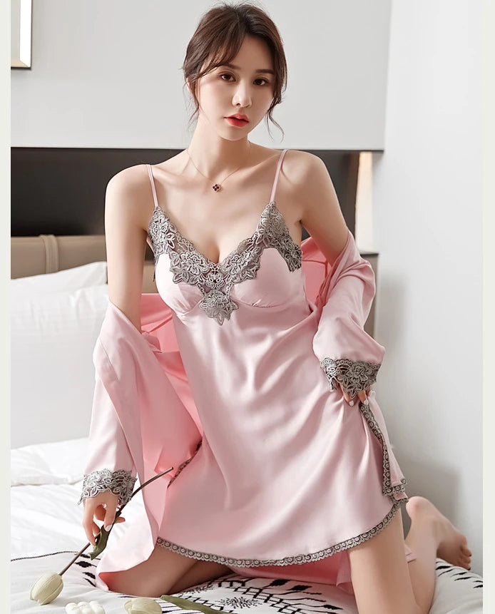 5PCS/SET Silk Robe Sleep Suit Womens Lace Satin Pajamas Gown Set V-Neck Nighties Wear Pijama Home Nightwear Spring Nightdress