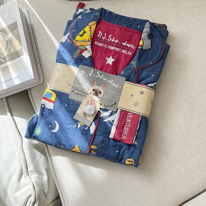 New Loungewear Women Spring Fall Slwwpwear 100% Cotton Floral Print Long Sleeve Pijamas Women 2 Pieces Home Suit Cat Cartoon