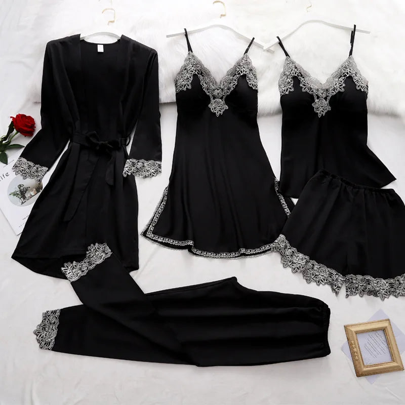 5PCS/SET Silk Robe Sleep Suit Womens Lace Satin Pajamas Gown Set V-Neck Nighties Wear Pijama Home Nightwear Spring Nightdress