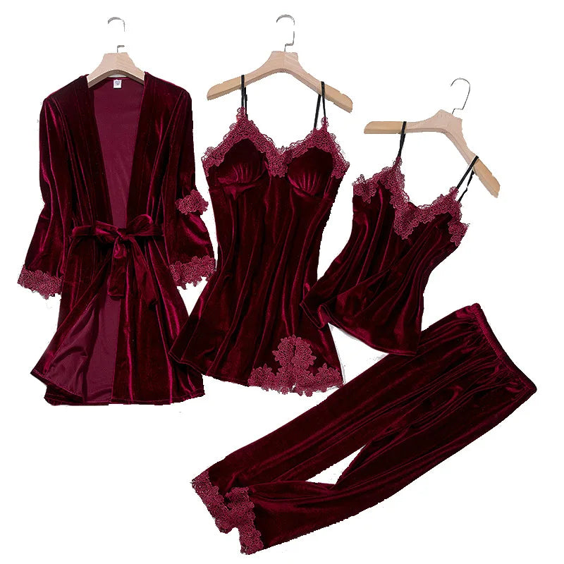 TOP Casual Velour Home Clothing 4pcs Sleep Set Intimate Lingerie Women Pajamas Suit Long Sleeve Lace Velvet Homewear Pyjamas