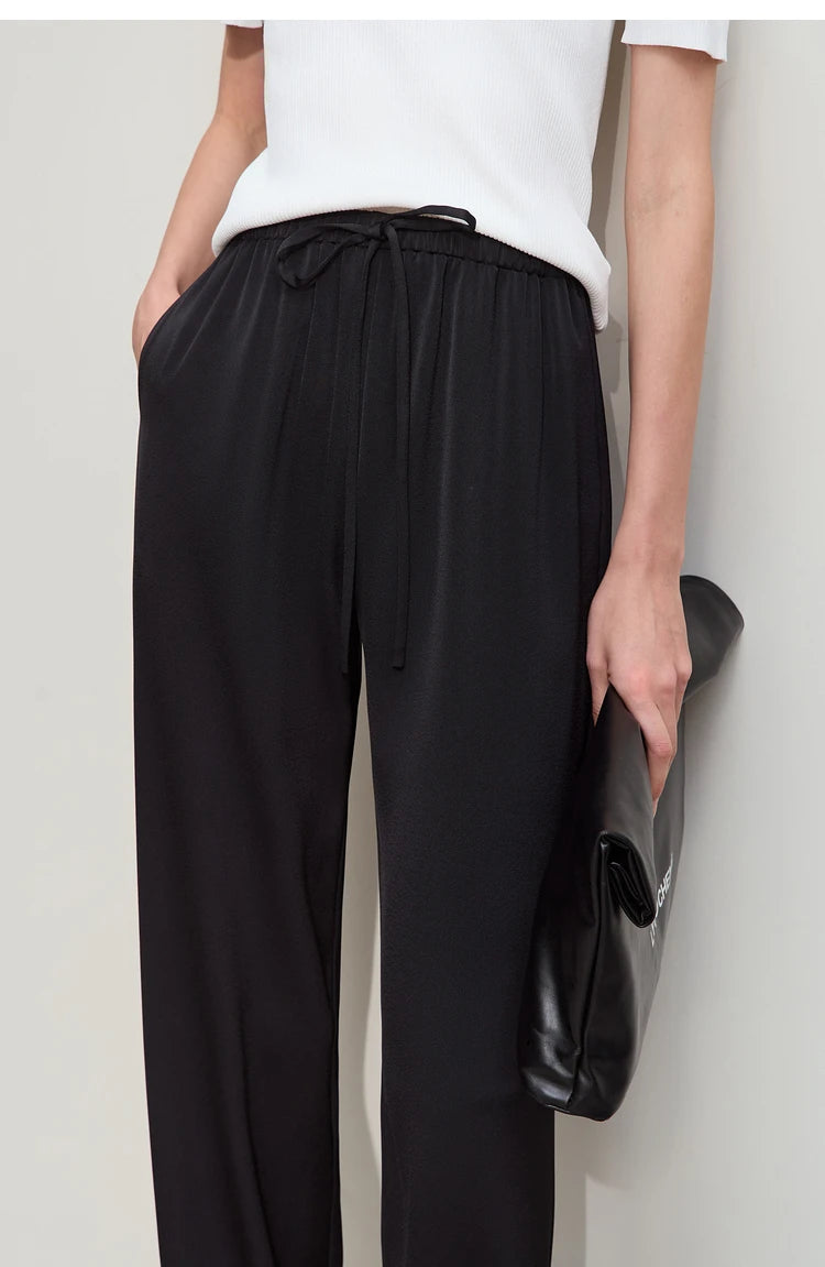 Amii Minimalism 2024 Summer Women's Pants New Solid Straight Wide-leg Oak Waist Drawstring Casual Lady Fashion Trousers 12422001