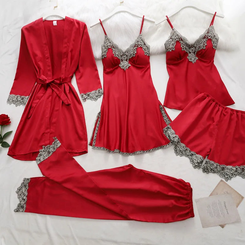 5PCS/SET Silk Robe Sleep Suit Womens Lace Satin Pajamas Gown Set V-Neck Nighties Wear Pijama Home Nightwear Spring Nightdress