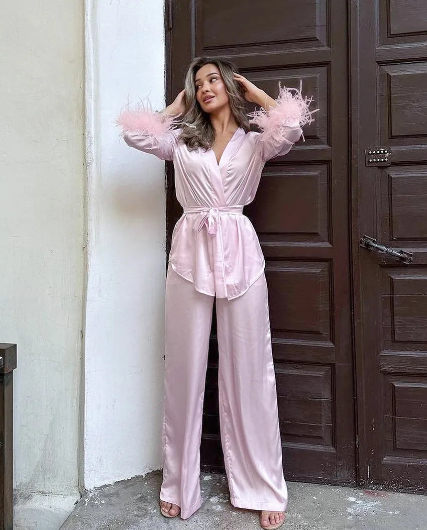 Luxury Spring Silk Satin Women's Pajamas Pink Loose Feather Long Sleeve Trousers Suit Sleepwear Home Clothes 2pcs Nightwear