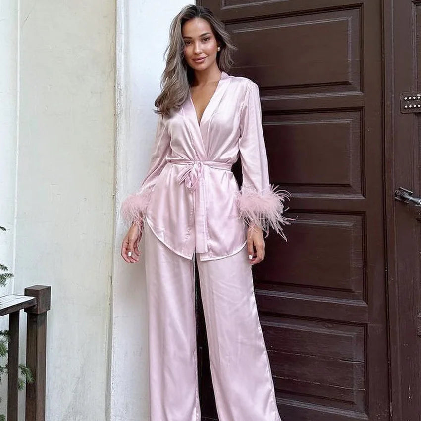 Luxury Spring Silk Satin Women's Pajamas Pink Loose Feather Long Sleeve Trousers Suit Sleepwear Home Clothes 2pcs Nightwear