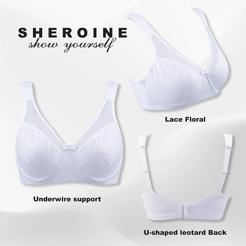 Sheroine Plus Size Underwire Bra, Lace Floral Minimizer Full Coverage Unpadded Bras for Women Lifting Support Comfort