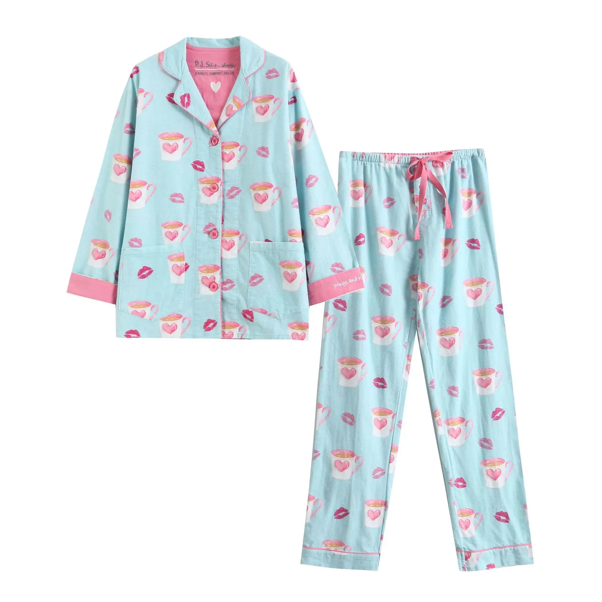 New Loungewear Women Spring Fall Slwwpwear 100% Cotton Floral Print Long Sleeve Pijamas Women 2 Pieces Home Suit Cat Cartoon