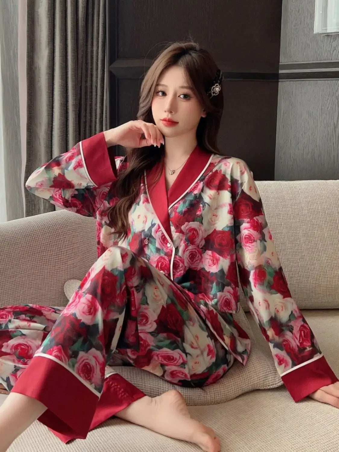 Large Size Rose New Pajamas Women Ice Silk Long Sleeve Spring Autumn Temperament Can Be Worn Outside The Home Suit Set Lounge