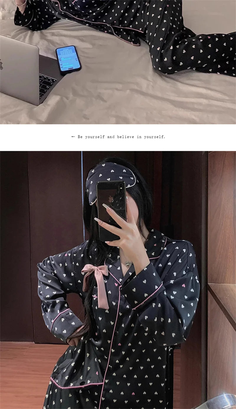 Summer Print Fashion Women Pajama Set Sweet Lace Cuff Trousers Long Sleeve Suit Pyjamas Home clothing Women's casual clothes 2