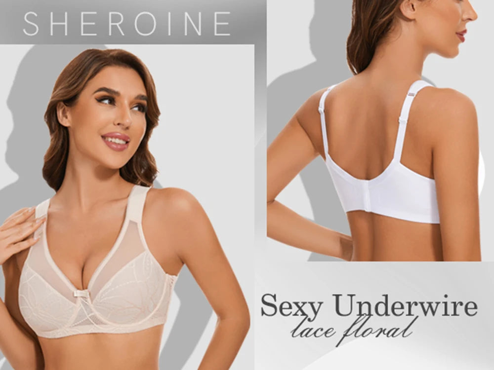 Sheroine Plus Size Underwire Bra, Lace Floral Minimizer Full Coverage Unpadded Bras for Women Lifting Support Comfort