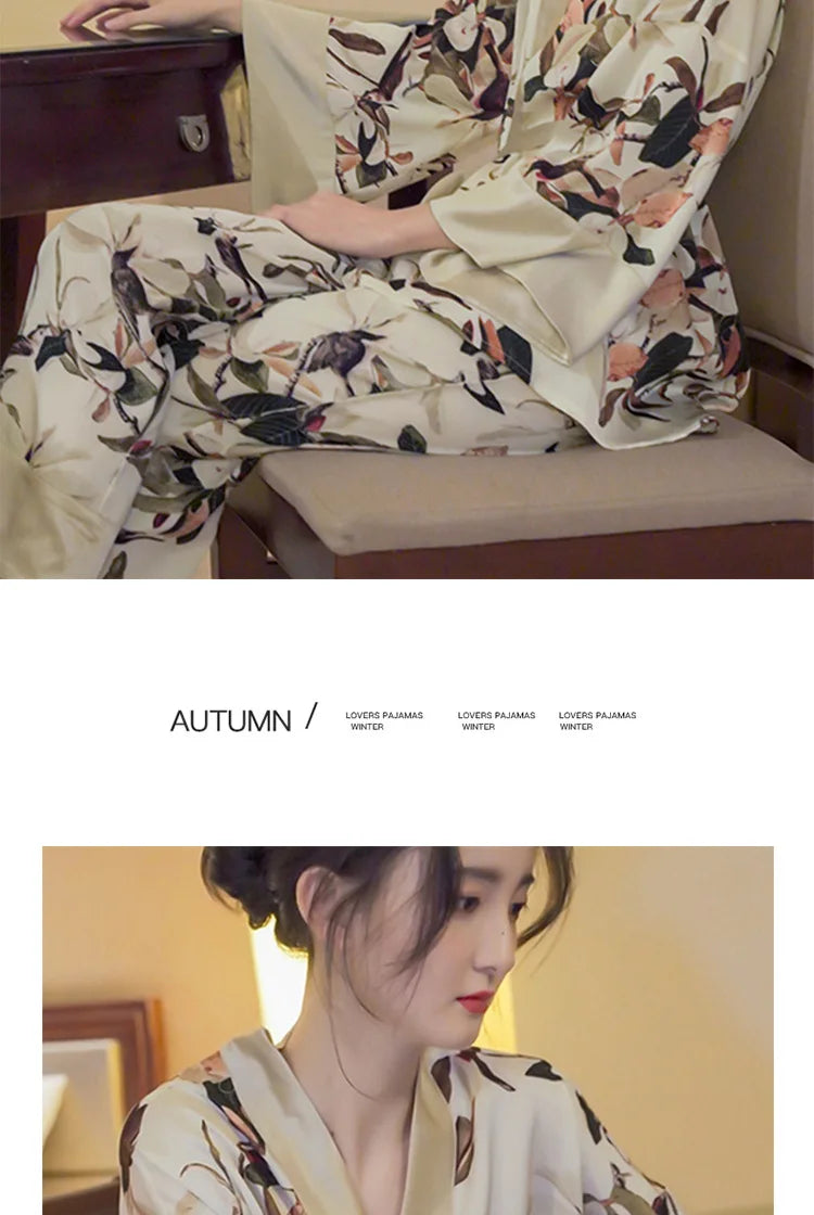 Japanese Summer New Luxury Home Long Trousers Pajamas Suit Floral Printing Ice Silk Pjs V Neck Kimono Style Homewear Loungewear