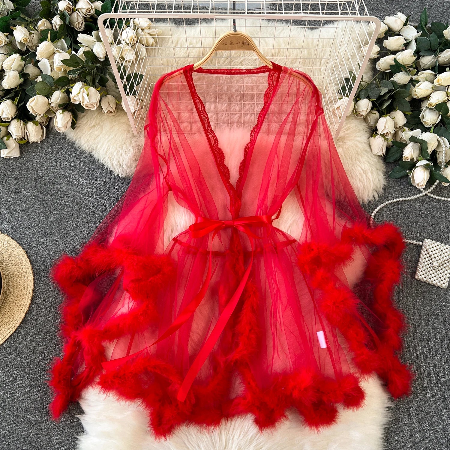 SINGREINY Female Sheer Shapewear Robes Fashoin Long Sleeve Plush Spliced Thin Lingerie Women Lace Up Erotic Midi Long Sexy Robes