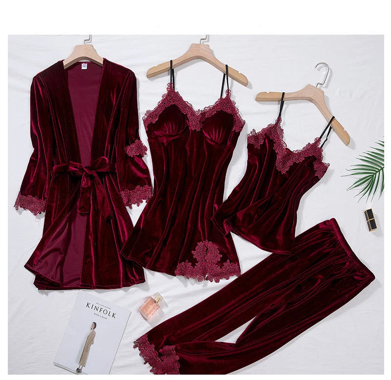 TOP Casual Velour Home Clothing 4pcs Sleep Set Intimate Lingerie Women Pajamas Suit Long Sleeve Lace Velvet Homewear Pyjamas