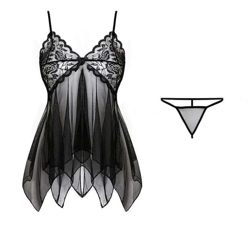 Tulle Suspenders Exquisite Women's Lencerias Lace V-Neck Underwear Semi-transparent Thong Dress Set Females Lingerie Nightgowns