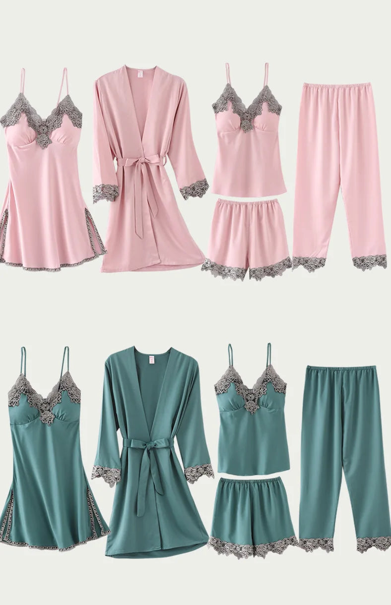5PCS/SET Silk Robe Sleep Suit Womens Lace Satin Pajamas Gown Set V-Neck Nighties Wear Pijama Home Nightwear Spring Nightdress