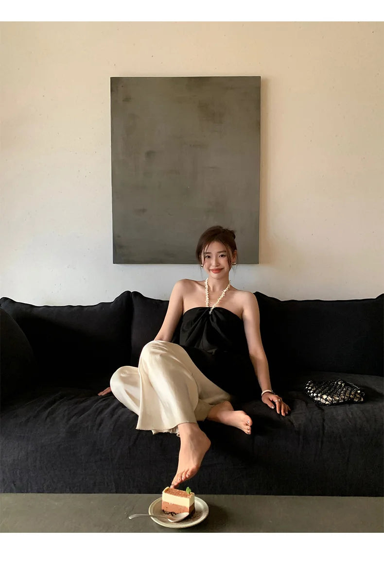 Satin Wide Leg Pants Long Floor Casual Pants Women's Summer