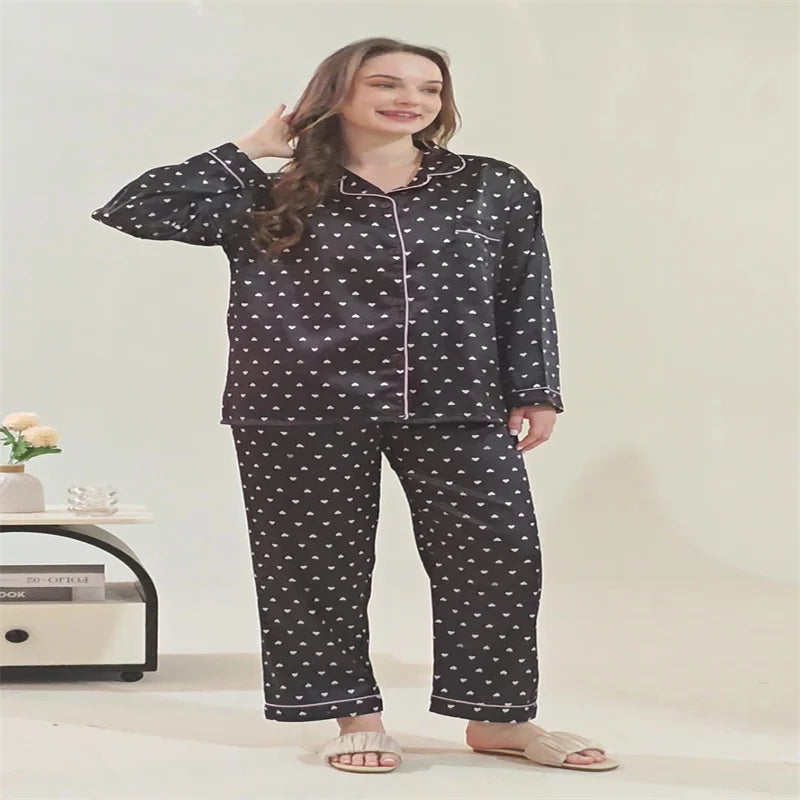 Summer Print Fashion Women Pajama Set Sweet Lace Cuff Trousers Long Sleeve Suit Pyjamas Home clothing Women's casual clothes 2