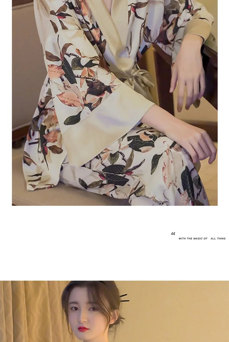Japanese Summer New Luxury Home Long Trousers Pajamas Suit Floral Printing Ice Silk Pjs V Neck Kimono Style Homewear Loungewear