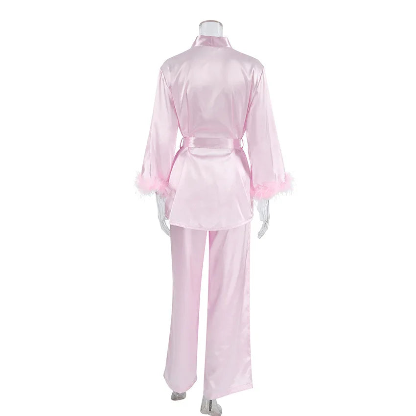 Luxury Spring Silk Satin Women's Pajamas Pink Loose Feather Long Sleeve Trousers Suit Sleepwear Home Clothes 2pcs Nightwear