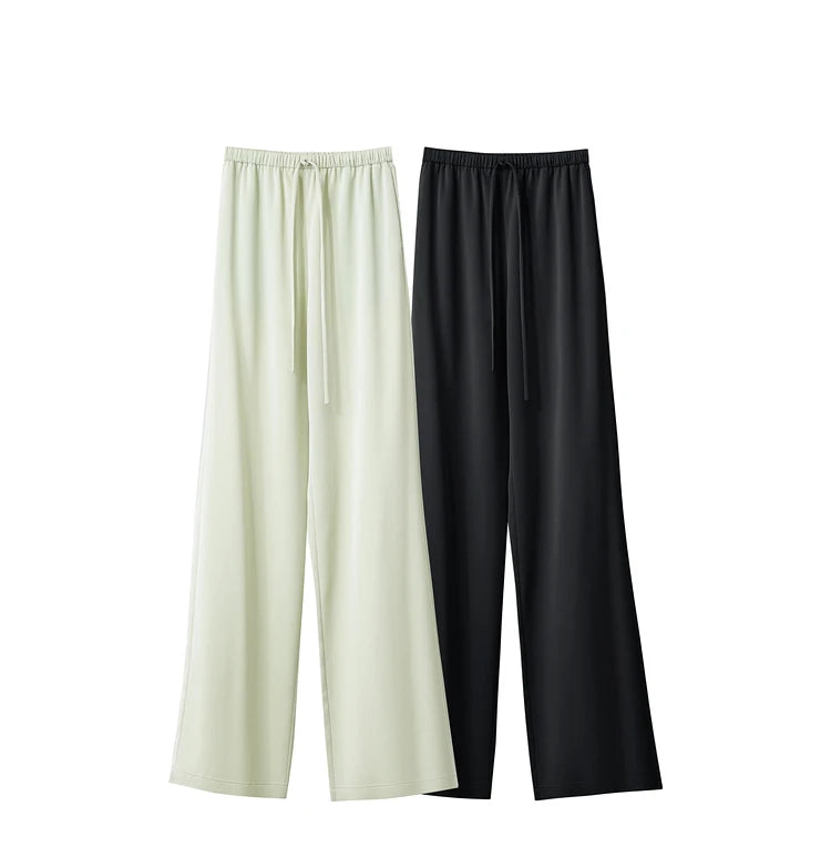 Amii Minimalism 2024 Summer Women's Pants New Solid Straight Wide-leg Oak Waist Drawstring Casual Lady Fashion Trousers 12422001