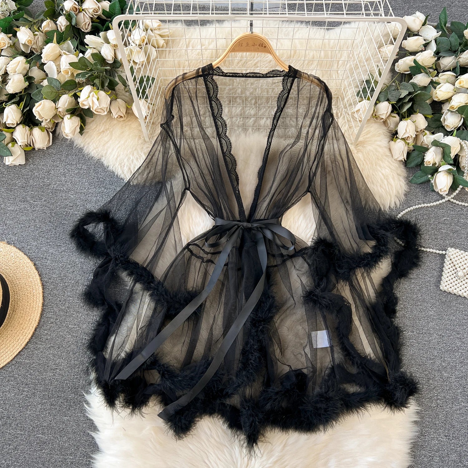 SINGREINY Female Sheer Shapewear Robes Fashoin Long Sleeve Plush Spliced Thin Lingerie Women Lace Up Erotic Midi Long Sexy Robes