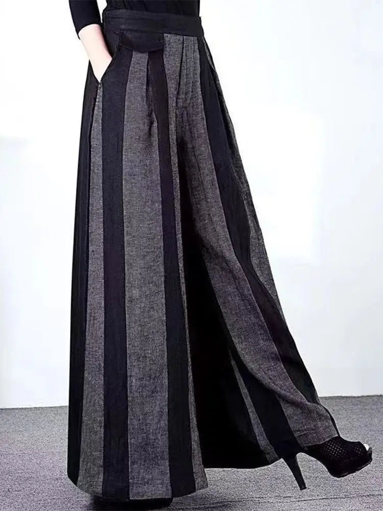 Spring Summer New Fashion Striped Loose Elastic Waist Wide Leg Pants Ladies Casual Irregular High Waist Straight Women Clothes