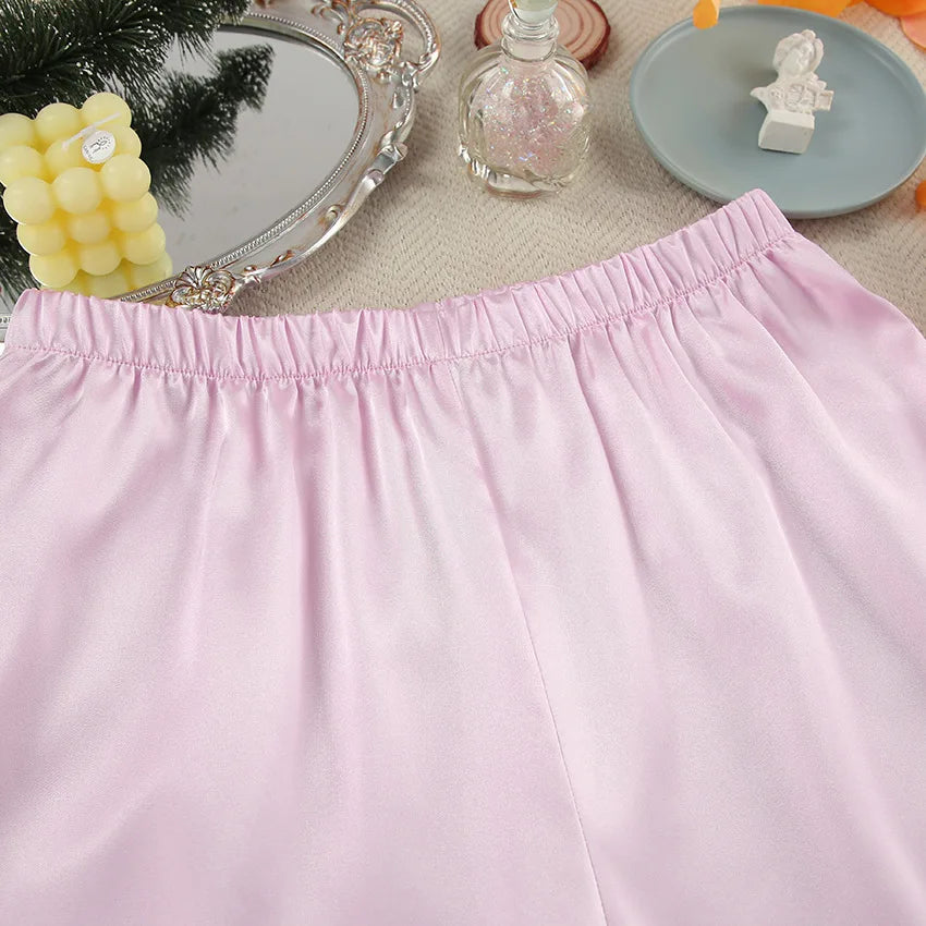 Luxury Spring Silk Satin Women's Pajamas Pink Loose Feather Long Sleeve Trousers Suit Sleepwear Home Clothes 2pcs Nightwear