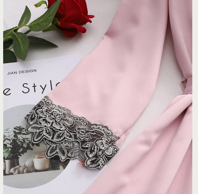 5PCS/SET Silk Robe Sleep Suit Womens Lace Satin Pajamas Gown Set V-Neck Nighties Wear Pijama Home Nightwear Spring Nightdress