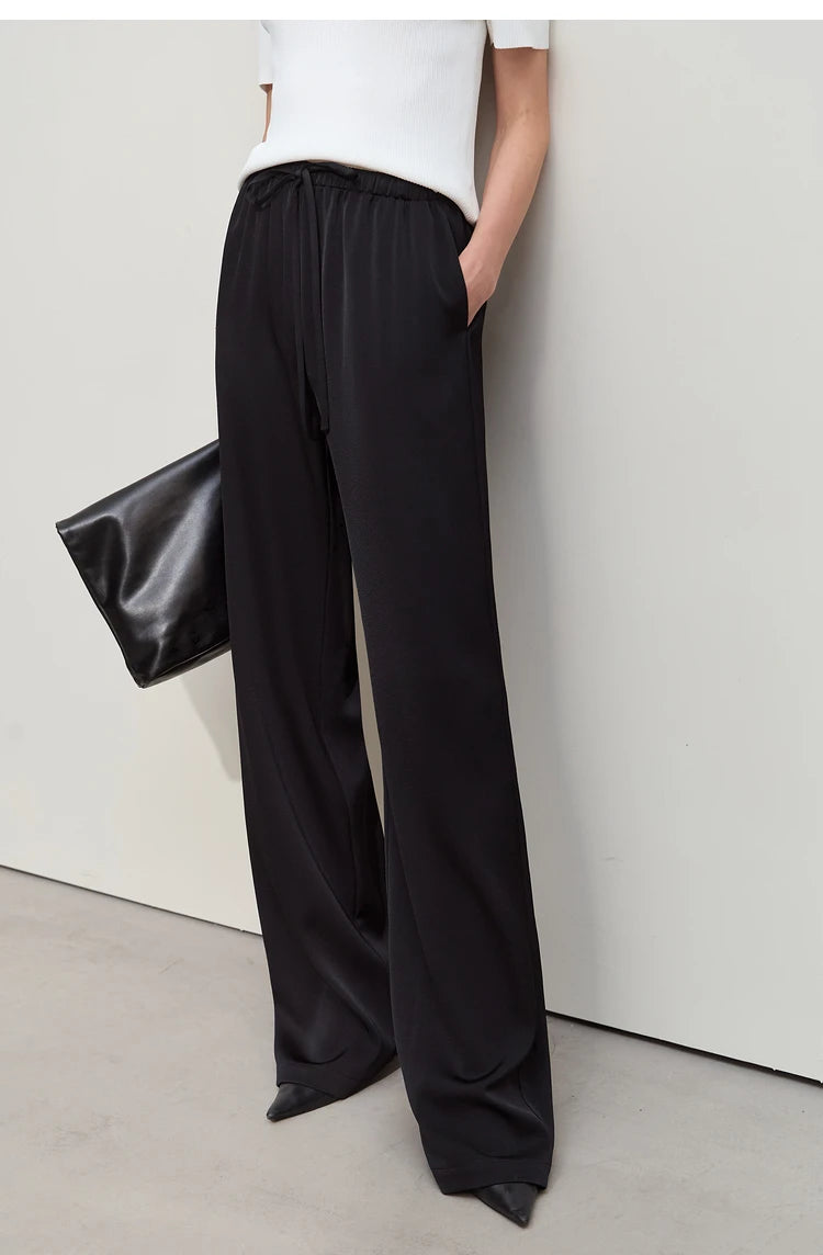 Amii Minimalism 2024 Summer Women's Pants New Solid Straight Wide-leg Oak Waist Drawstring Casual Lady Fashion Trousers 12422001