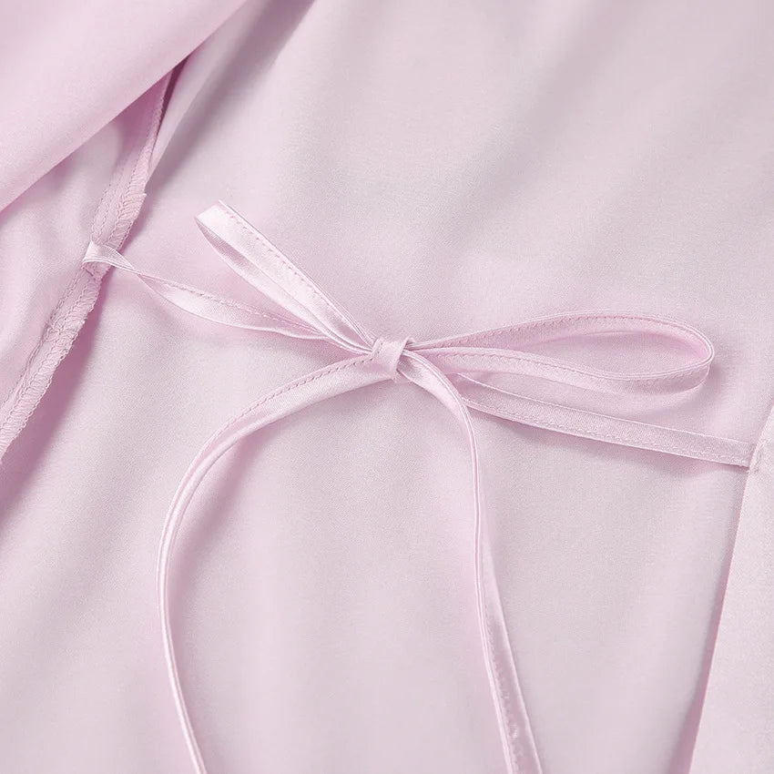 Luxury Spring Silk Satin Women's Pajamas Pink Loose Feather Long Sleeve Trousers Suit Sleepwear Home Clothes 2pcs Nightwear