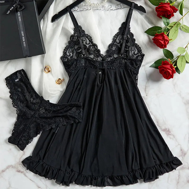 Tulle Suspenders Exquisite Women's Lencerias Lace V-Neck Underwear Semi-transparent Thong Dress Set Females Lingerie Nightgowns