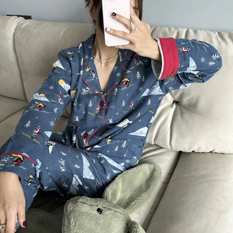 New Loungewear Women Spring Fall Slwwpwear 100% Cotton Floral Print Long Sleeve Pijamas Women 2 Pieces Home Suit Cat Cartoon
