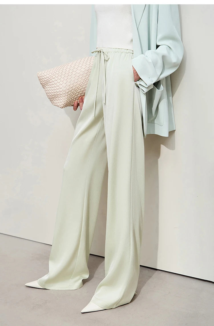 Amii Minimalism 2024 Summer Women's Pants New Solid Straight Wide-leg Oak Waist Drawstring Casual Lady Fashion Trousers 12422001