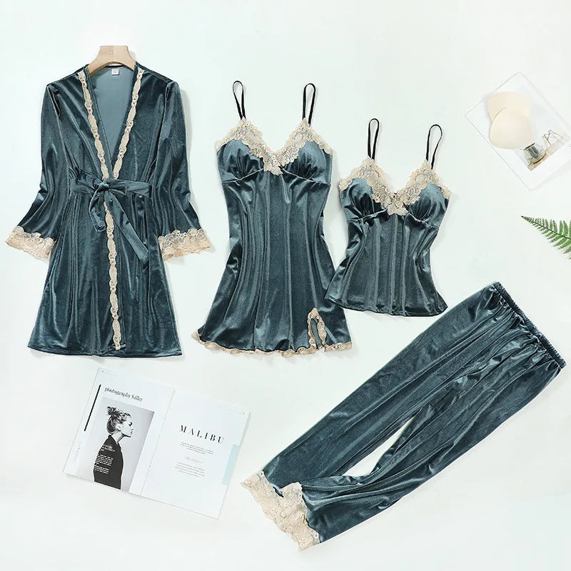 TOP Casual Velour Home Clothing 4pcs Sleep Set Intimate Lingerie Women Pajamas Suit Long Sleeve Lace Velvet Homewear Pyjamas