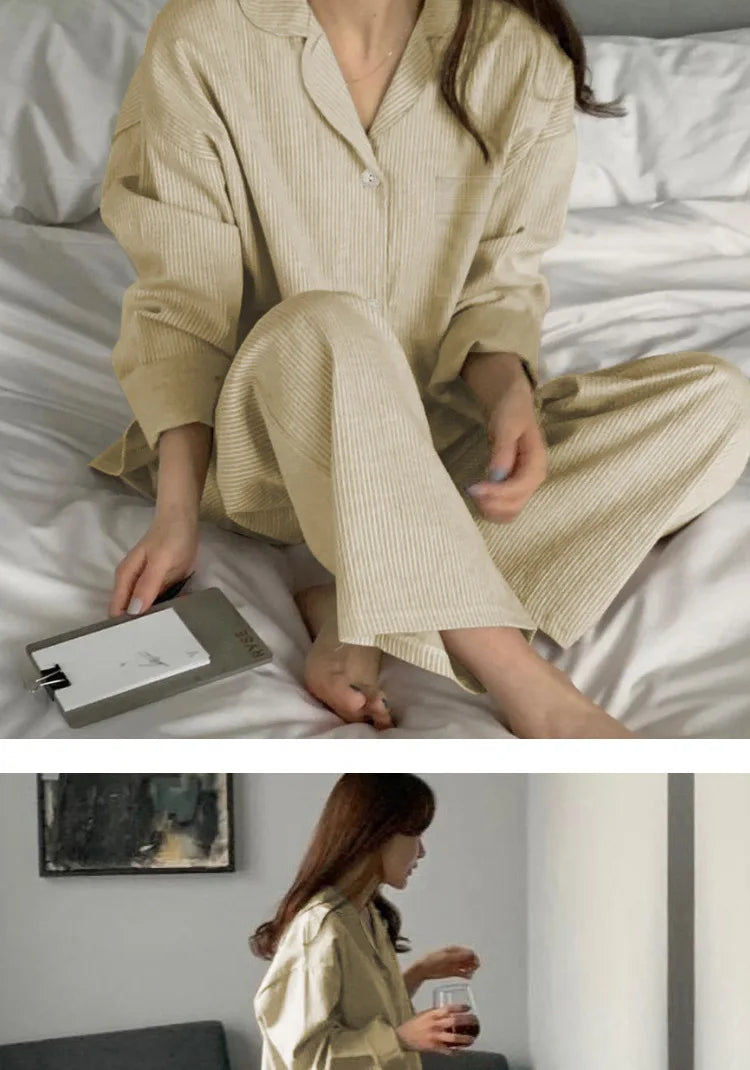 Striped Long-sleeved Pajamas Girls Fashion Style Autumn Simple New Home Clothes High-grade Trousers Suit Leisure Sleepwear Pjs
