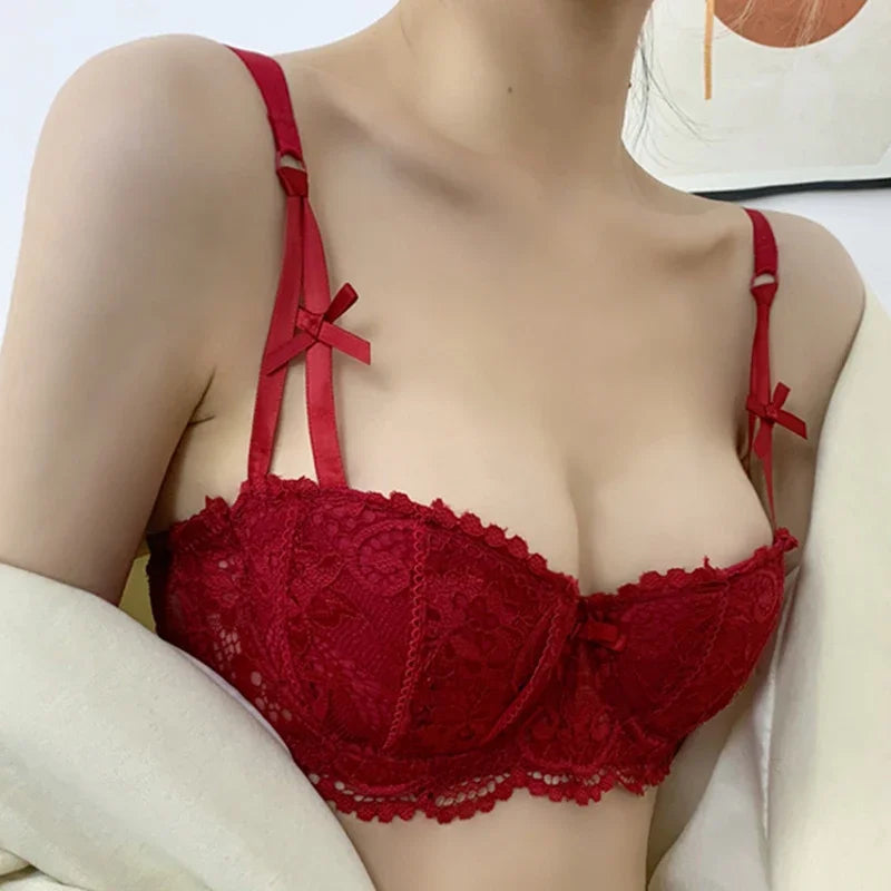 Half Cup Balconette Bras A D Cup 2024 Sexy Lingerie Cotton Underwear with 4 Rows Hook Red Black White Thin Push Up Bra for Women