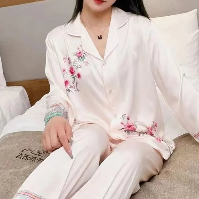 Large Size Rose New Pajamas Women Ice Silk Long Sleeve Spring Autumn Temperament Can Be Worn Outside The Home Suit Set Lounge