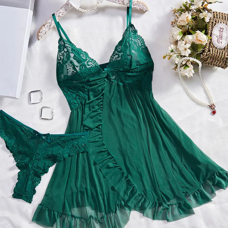 Tulle Suspenders Exquisite Women's Lencerias Lace V-Neck Underwear Semi-transparent Thong Dress Set Females Lingerie Nightgowns