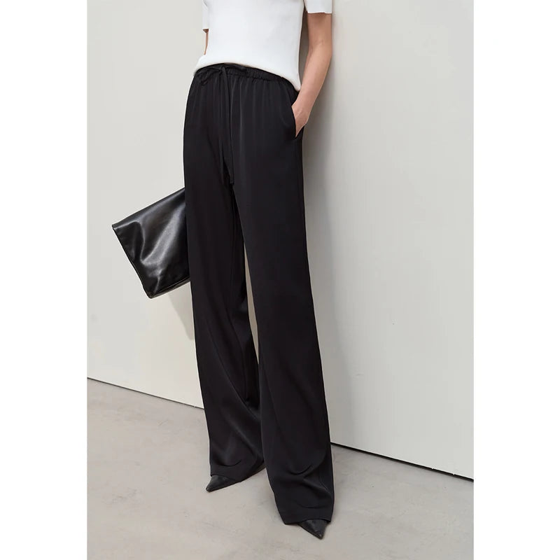 Amii Minimalism 2024 Summer Women's Pants New Solid Straight Wide-leg Oak Waist Drawstring Casual Lady Fashion Trousers 12422001