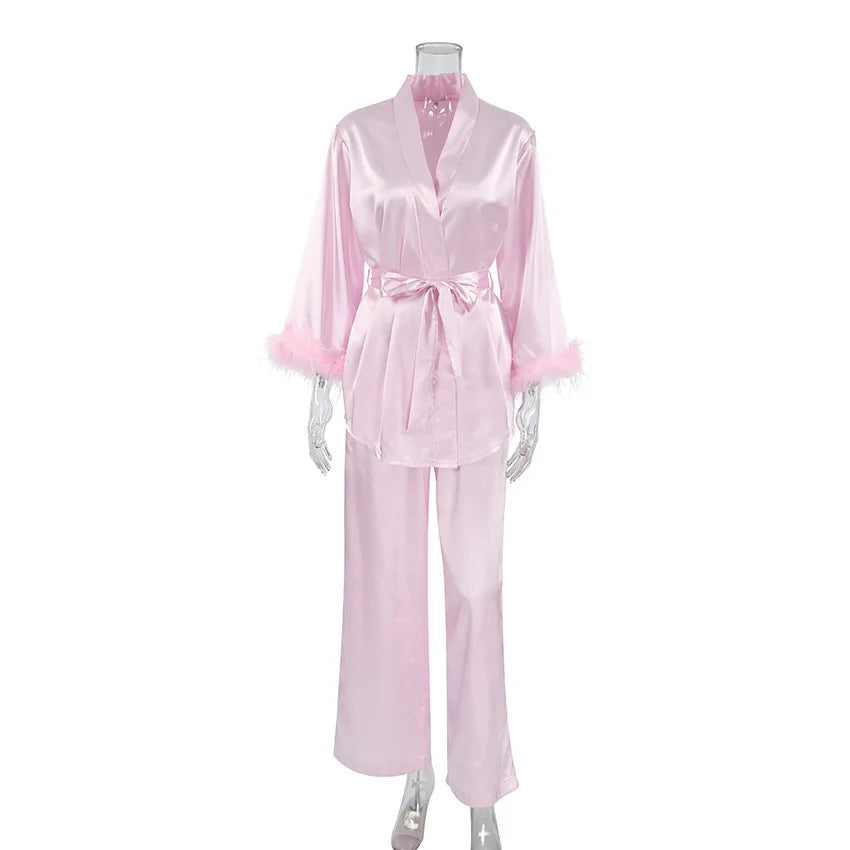 Luxury Spring Silk Satin Women's Pajamas Pink Loose Feather Long Sleeve Trousers Suit Sleepwear Home Clothes 2pcs Nightwear