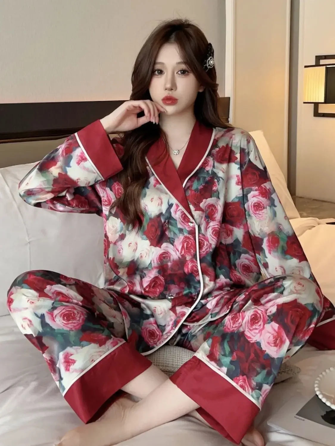 Large Size Rose New Pajamas Women Ice Silk Long Sleeve Spring Autumn Temperament Can Be Worn Outside The Home Suit Set Lounge