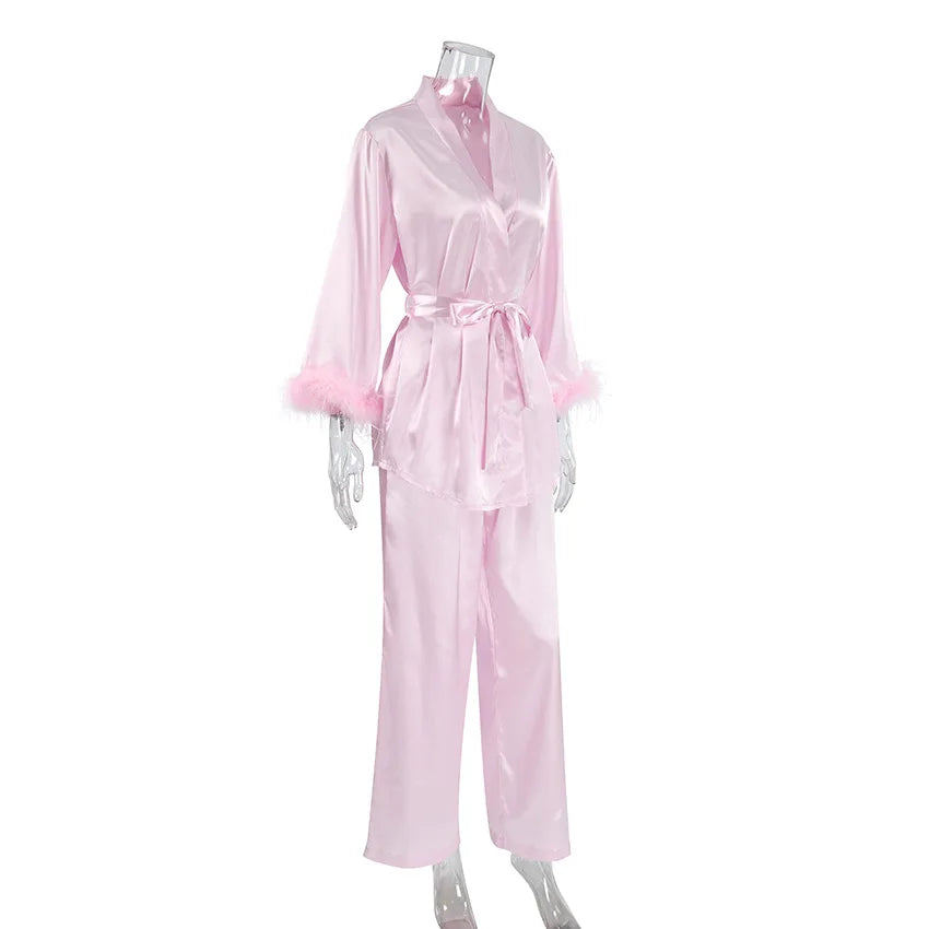 Luxury Spring Silk Satin Women's Pajamas Pink Loose Feather Long Sleeve Trousers Suit Sleepwear Home Clothes 2pcs Nightwear