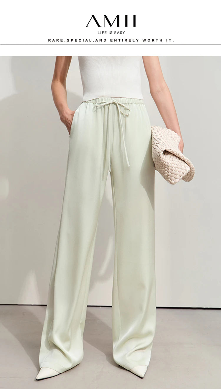 Amii Minimalism 2024 Summer Women's Pants New Solid Straight Wide-leg Oak Waist Drawstring Casual Lady Fashion Trousers 12422001