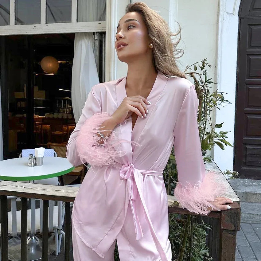 Luxury Spring Silk Satin Women's Pajamas Pink Loose Feather Long Sleeve Trousers Suit Sleepwear Home Clothes 2pcs Nightwear