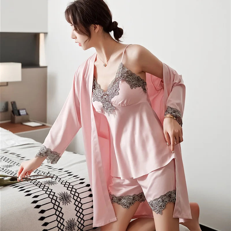 5PCS/SET Silk Robe Sleep Suit Womens Lace Satin Pajamas Gown Set V-Neck Nighties Wear Pijama Home Nightwear Spring Nightdress