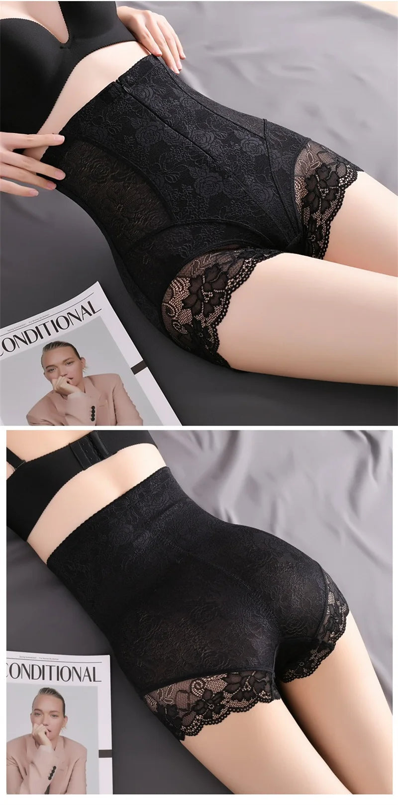 GUUDIA Hook Zipper Closure Lace High Waist Tummy Control Shapewear Panty Invisable Slimming Shaping Women Underwear Shaper Panty