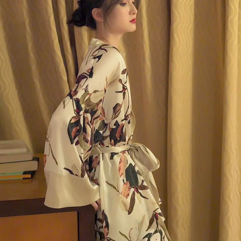 Japanese Summer New Luxury Home Long Trousers Pajamas Suit Floral Printing Ice Silk Pjs V Neck Kimono Style Homewear Loungewear