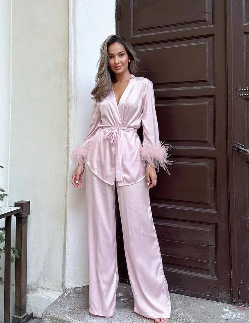 Luxury Spring Silk Satin Women's Pajamas Pink Loose Feather Long Sleeve Trousers Suit Sleepwear Home Clothes 2pcs Nightwear