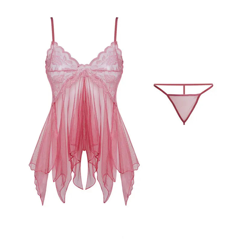 Tulle Suspenders Exquisite Women's Lencerias Lace V-Neck Underwear Semi-transparent Thong Dress Set Females Lingerie Nightgowns