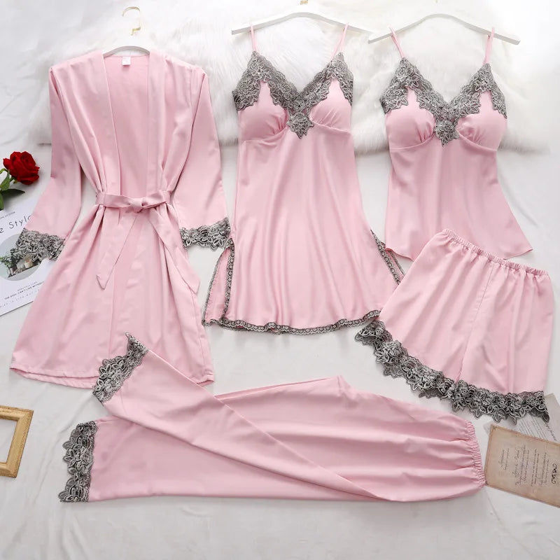 5PCS/SET Silk Robe Sleep Suit Womens Lace Satin Pajamas Gown Set V-Neck Nighties Wear Pijama Home Nightwear Spring Nightdress